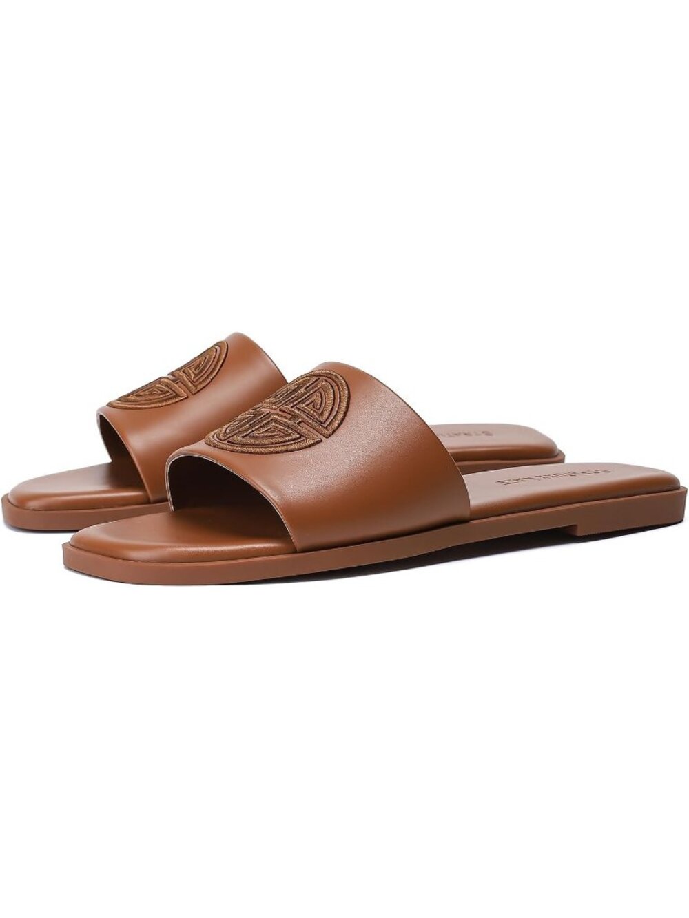 Women's Brown Soft Faux Leather Slides Flat With Memory Foam Comfortable Shoes - Picture 3 of 5